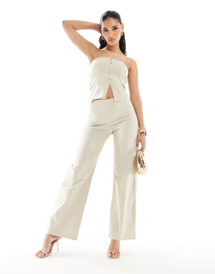 ASOS DESIGN co-ord clean button through bandeau & wide-leg trousers in stone | ASOS (Global)