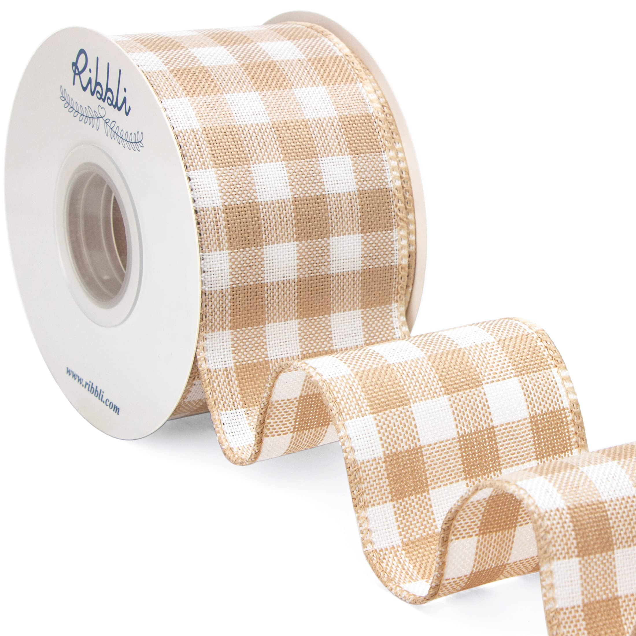 Ribbli Beige and White Check Wired Ribbon, 2-1/2 Inch x 10 Yard,Rustic Plaid Easter Burlap Light ... | Amazon (US)