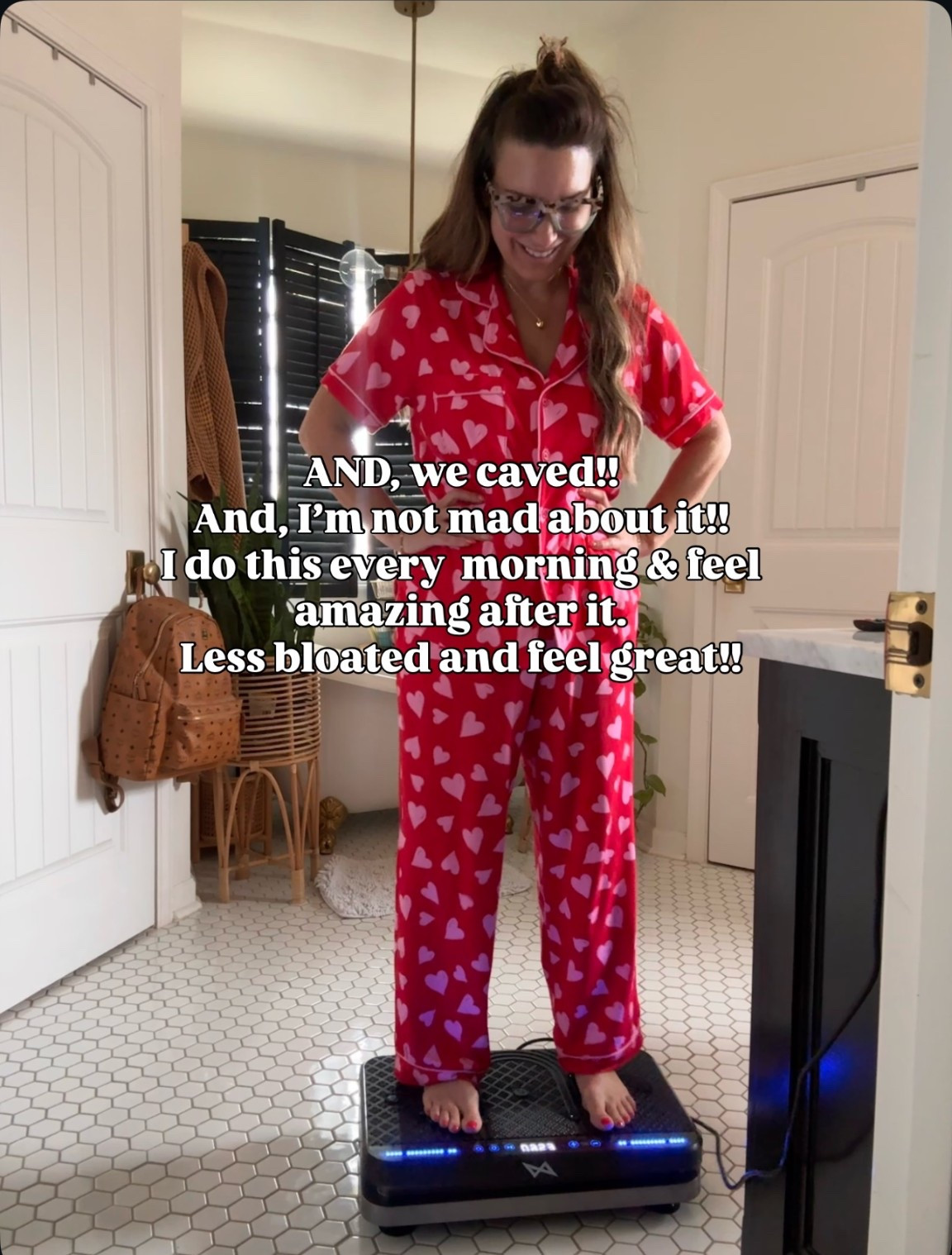 Vibration plate!!! Mike and I both love it. 
It helps to stimulate lymph flow, reduce fluid retention, and alleviate swelling in the legs or body. Great for recovery. And, a lightweight workout. 

#LTKmorningroutine #LTKOver40 #LTKfitnessgoals