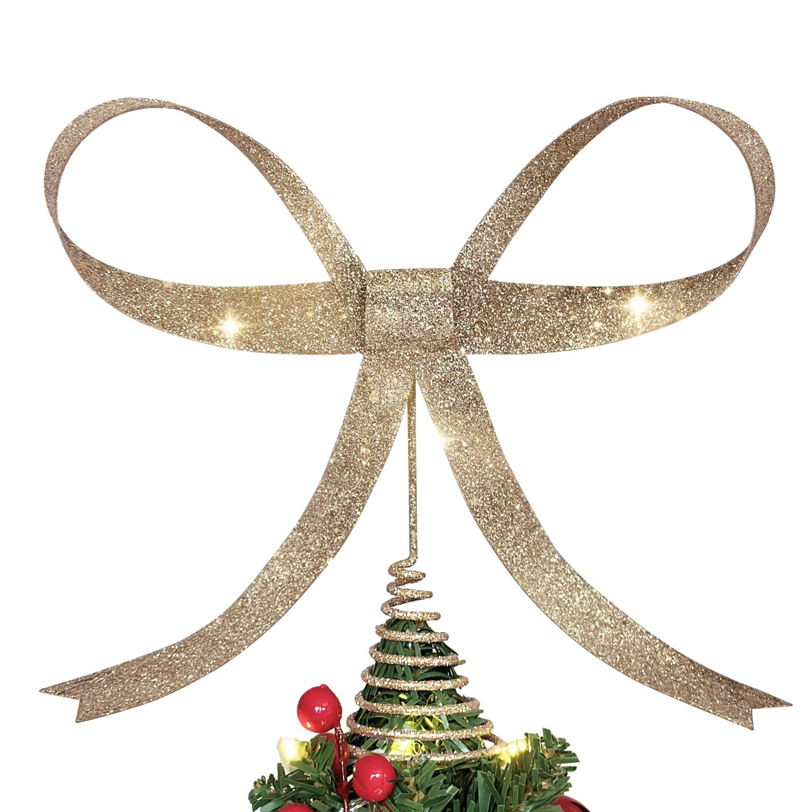 Large Metal Bow Christmas Tree Topper,9.4 Inch Glitter Champagne Gold Tree Topper,Champagne Gold ... | Amazon (US)