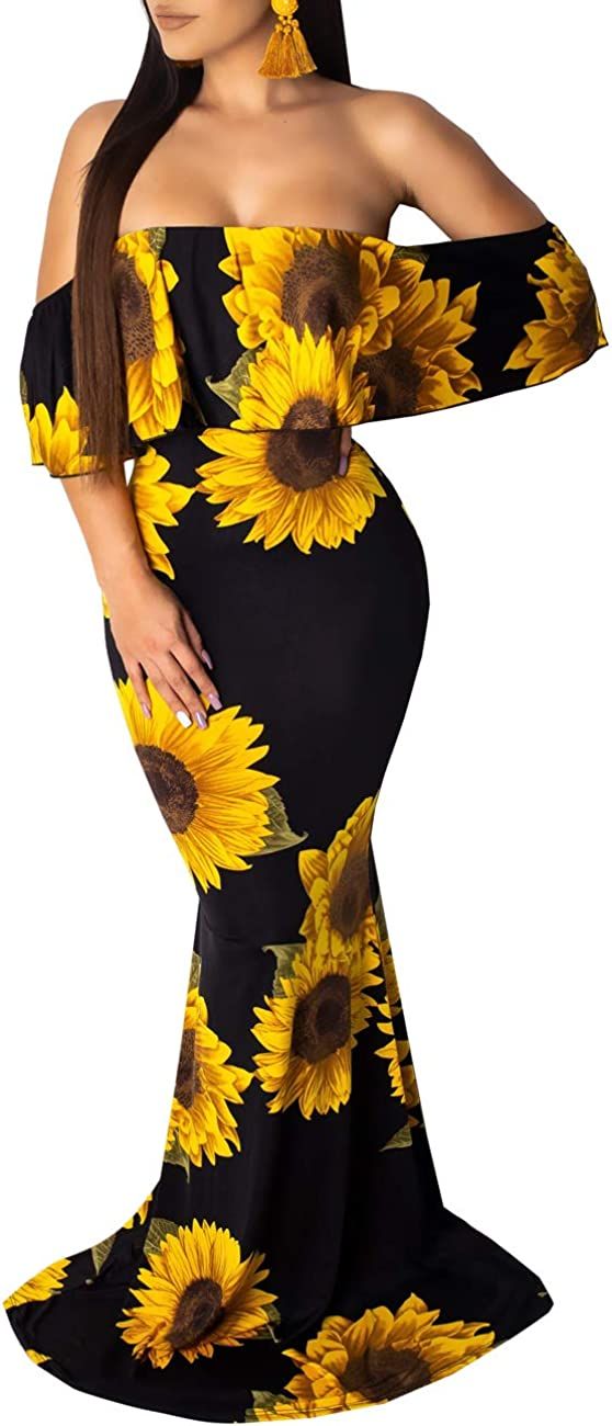 Women's Off Shoulder Maxi Dress Sexy Hawaiian Floral Long Party Dresses | Amazon (US)
