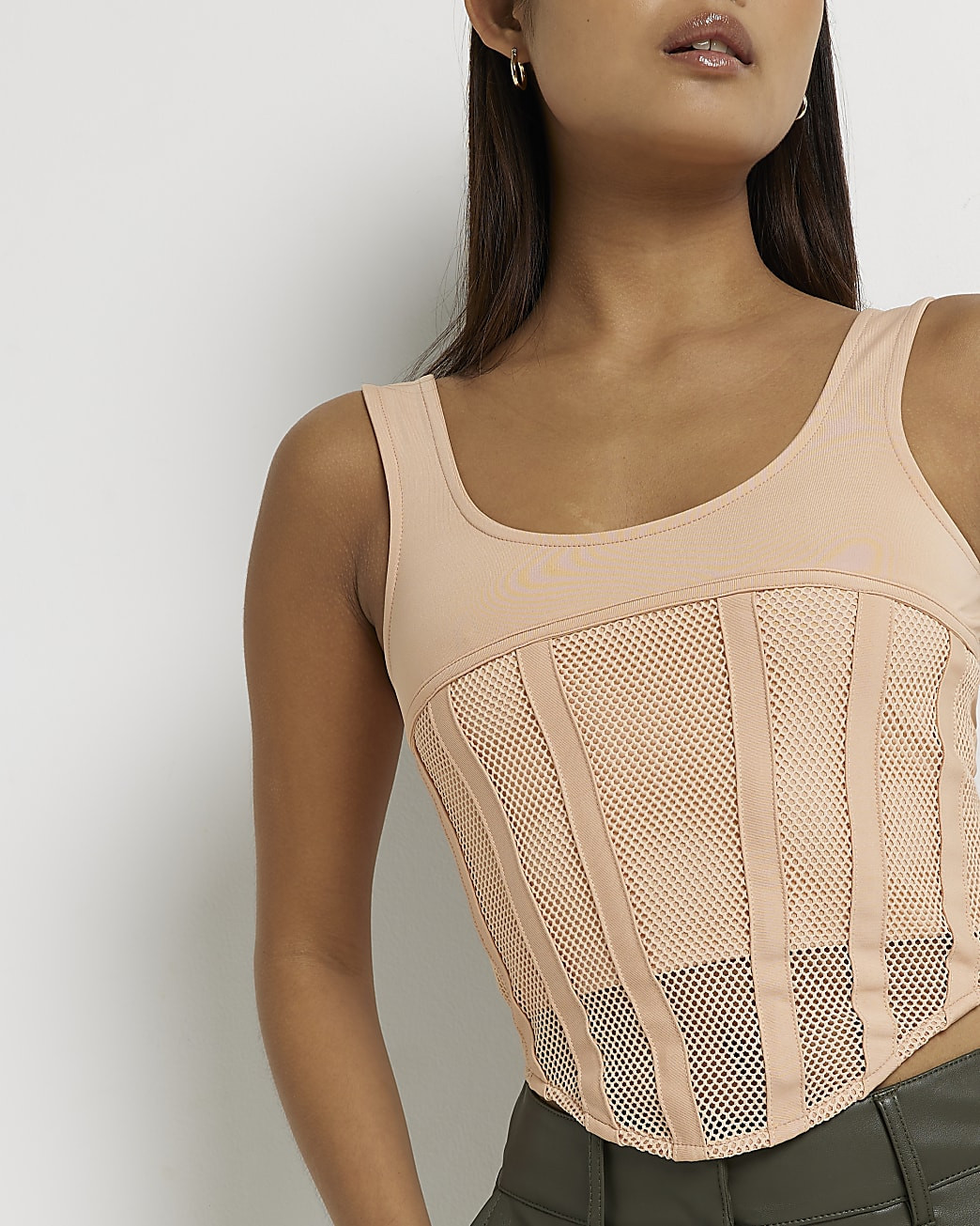 River Island Womens Petite pink mesh corset crop top | River Island (US)