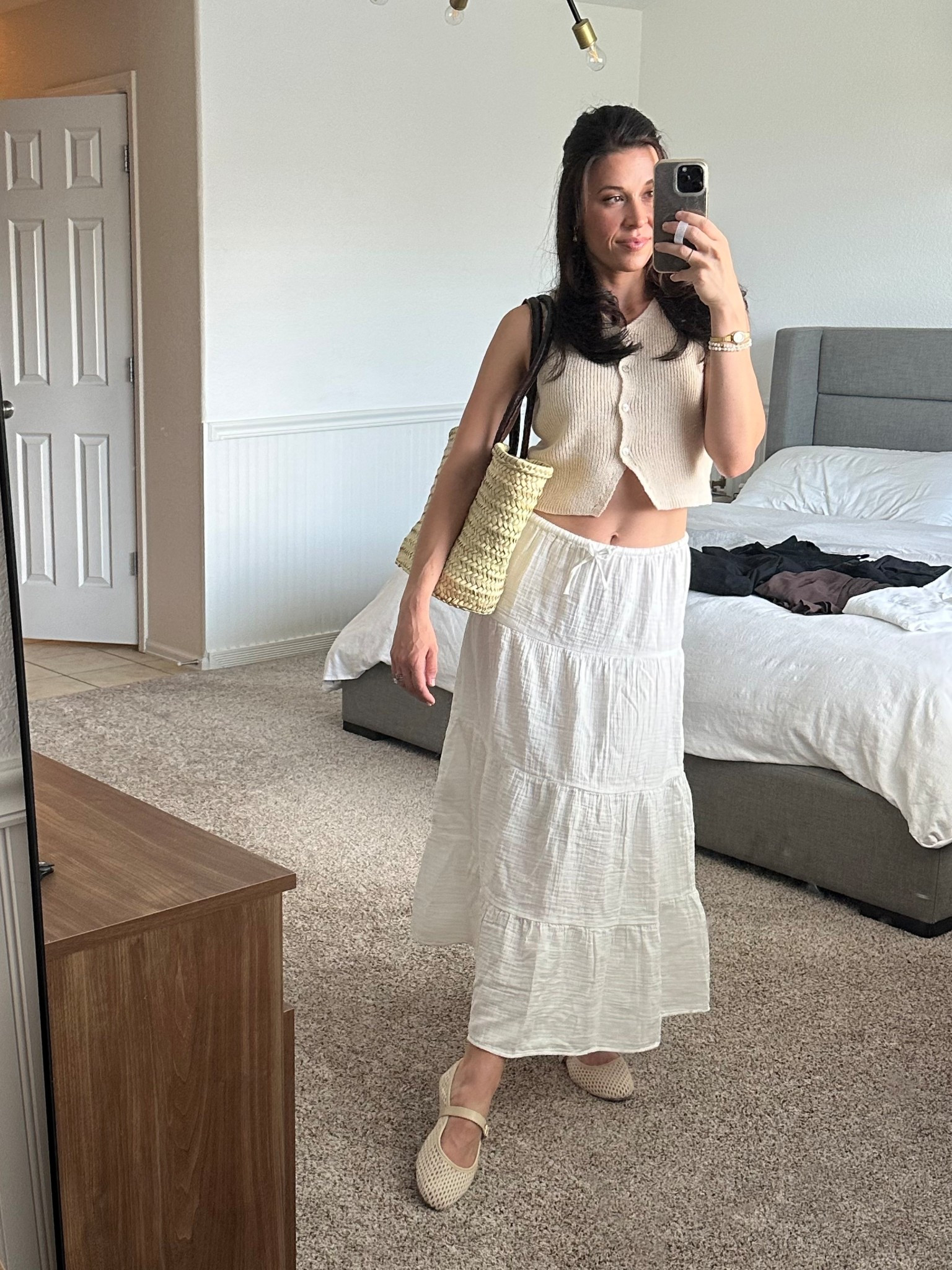 Summer outfit / vacation outfit / European vacation/ gauze maxi skirt / tierd maxi skirt / white maxi skirt / french market basket / market basket / basket bag / mesh flats / summer outfits / outfit inspo 

#LTKSeasonal #LTKSummerEdit #LTKTravel