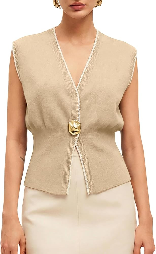 SCUSTY Women's V Neck Knit Vest Casual Button Down Sleeveless Contrast Trim Sweater Tops(Khaki-M)... | Amazon (US)