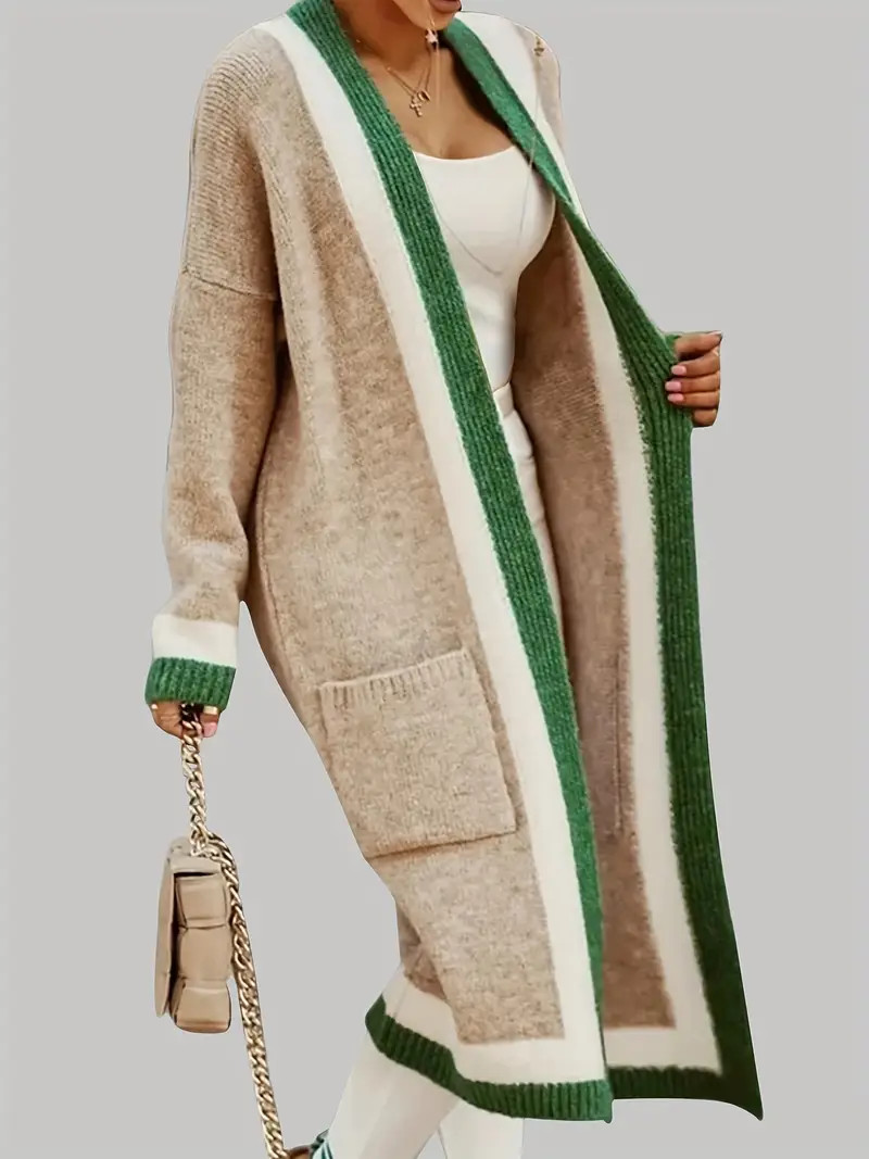 Color Block Open Front Knit Cardigan Vintage Long Sleeve - Temu | Temu Affiliate Program