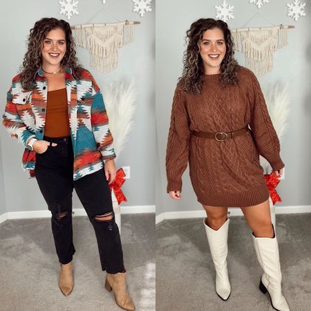 2 Midsize Amazon inspired Thanksgiving outfit inspo 🥧🍽️🤎 
Burnt orange bodysuit, soft Aztec Shacket, distressed black denim & brown booties // Brown cable knit sweater dress 
Bodysuit: L
Shacket: L
Jeans: 14 
Dress: XL, sized up 1 from true size 
#midsizeoutfits #ootd #casualoutfits #everdaystyle #affordablefashion #curvystyle #fallfashion #fallstyle #falloutfits #bodysuit #shacket #aztec #amazonfinds #thanksgivingoutfit #styleinspo #outfitideas #denim #jeans #blackjeans #boots #booties #cableknit #sweaterdress #tallboots #whiteboots #widecalfboots #belt  

#LTKHoliday #LTKcurves #LTKSeasonal
