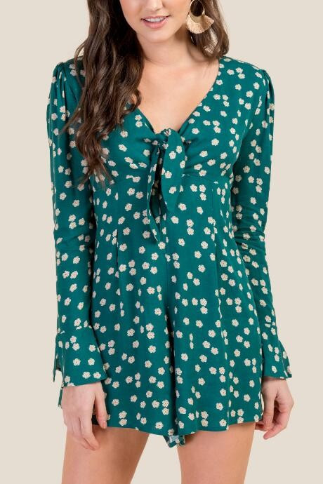 Stella Tie Front Bell Sleeve Romper - Forest | Francesca’s Collections