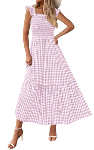 PRETTYGARDEN Women's Summer Dress Casual Square Neck Ruffle Strap Gingham Smocked Midi Flowy A Line Beach Vacation Sun Dresses 2025 (Purple, XXL) | Amazon (US)