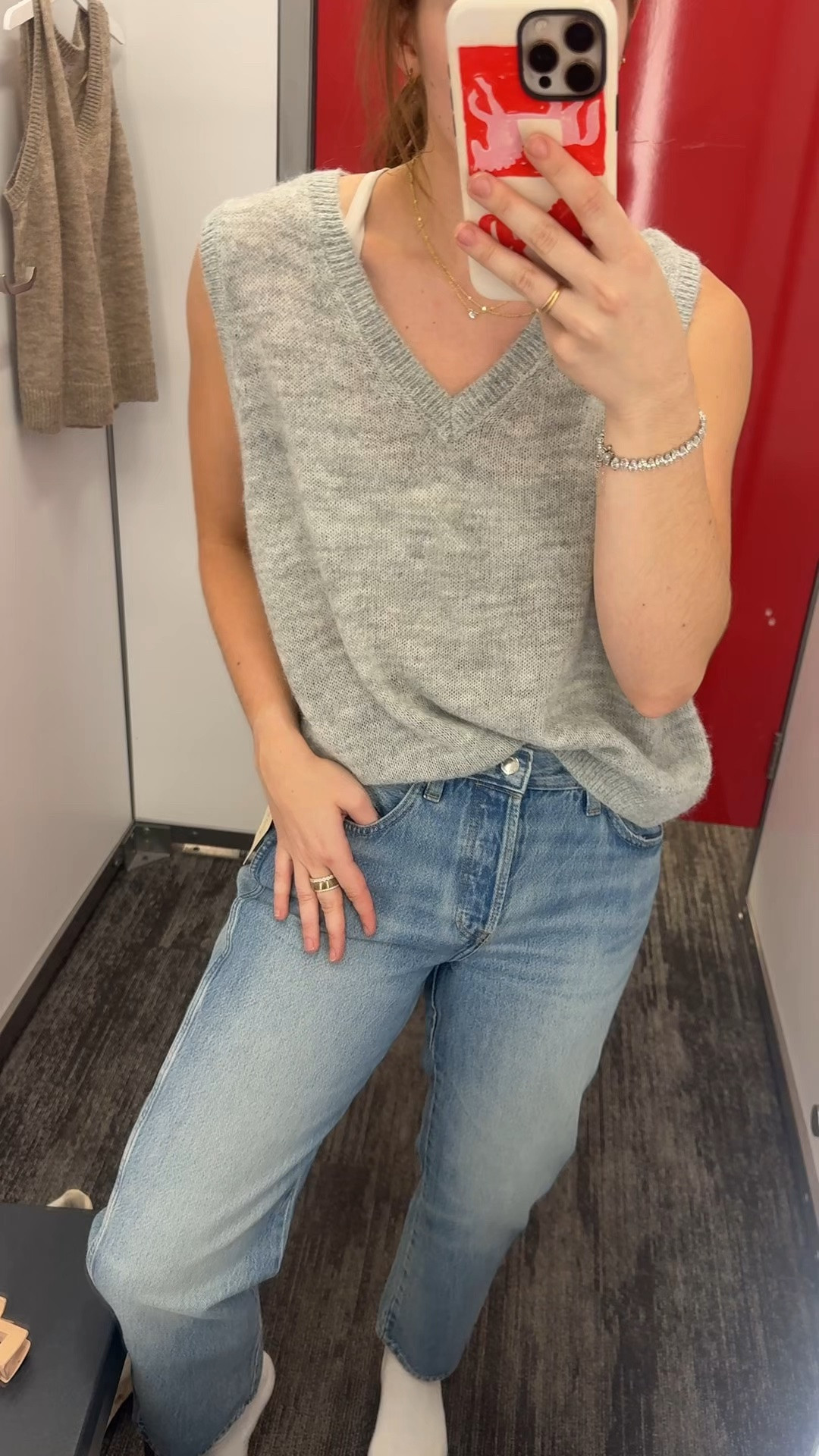 The same Target sweater vest in grey! Perfect seasonal transitional piece and feels like cashmere - SO soft 

Tons of colors and can dress up and down and layer up and down as weather changes