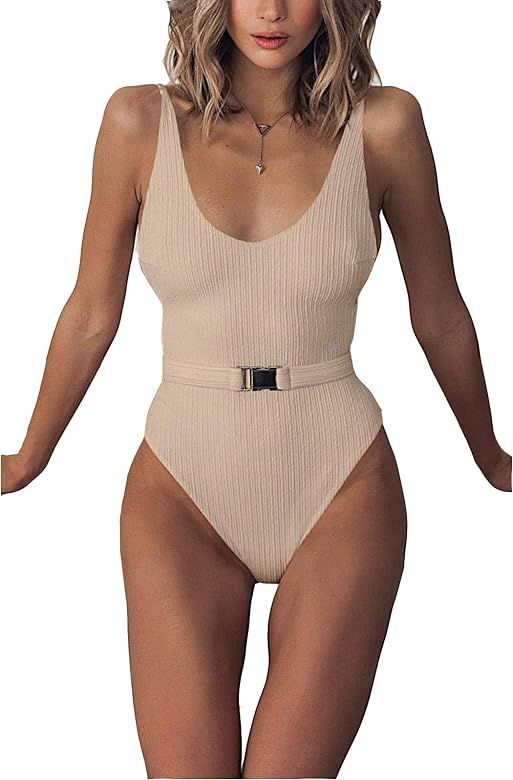 Sexy Womens Monokini Scoop Neck One Piece Backless Cheeky Swimwear Semi Thong Bikini with Belt | Amazon (US)