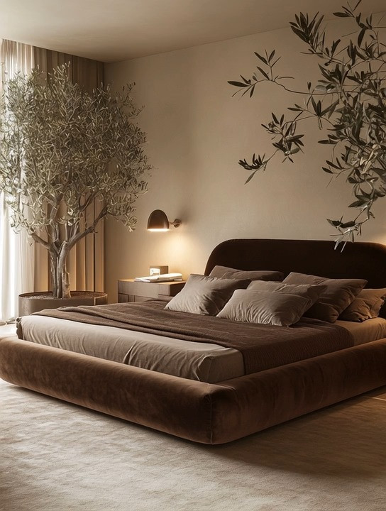 High-end hotel elegance starts with simplicity, rich textures, and grounded color palettes. The difference? At home, you can make it even better.

Brown is becoming the new foundation color in modern interior design. A brown velvet bed frame brings depth, warmth, and quiet luxury to a bedroom. Unlike cooler grays or stark blacks, warm chocolate and espresso tones create a cocoon-like atmosphere that feels both sophisticated and calming.

Pair a brown velvet platform bed with layered neutral bedding, soft ambient lighting, and one or two statement olive trees. Large indoor olive trees add height, movement, and organic texture that you rarely find in hotel rooms. They soften the space while keeping it elegant and intentional.

This combination — brown velvet, warm lighting, and natural greenery — creates a designer bedroom that feels elevated yet personal. It works beautifully in modern homes, minimalist interiors, and warm contemporary spaces.

Luxury isn’t about copying a hotel. It’s about creating a bedroom so serene and grounded that you never want to leave.

#BrownVelvetBed
#LuxuryBedroomDesign
#OliveTreeDecor
#ModernWarmInteriors 

 