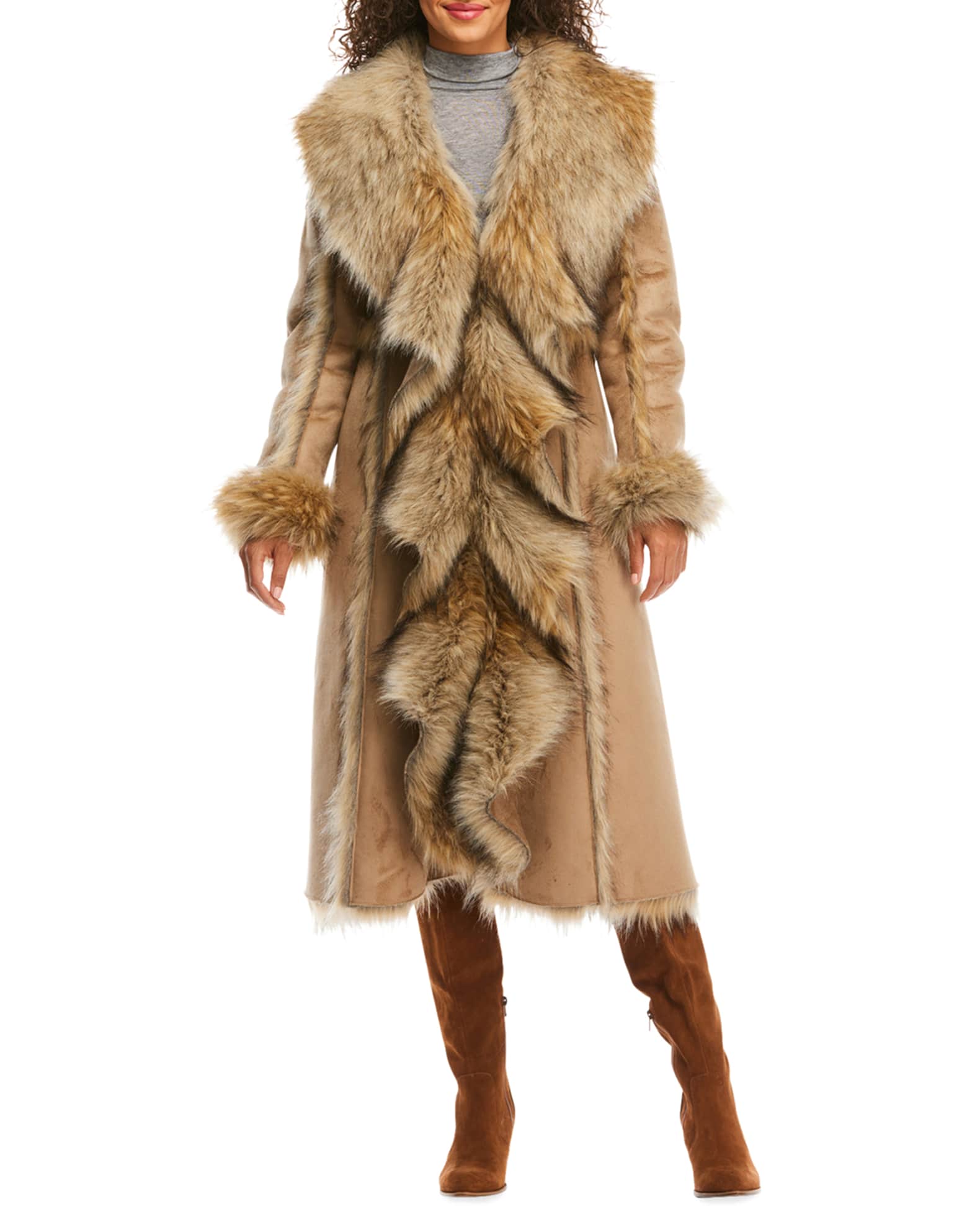 Fabulous Furs Cascade Faux Suede Faux Fur-Trim Full Coat | Neiman Marcus