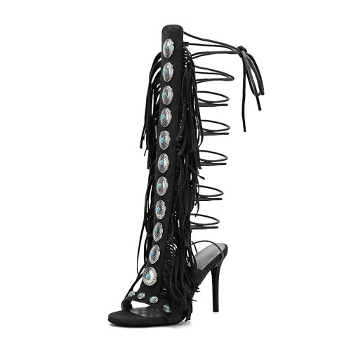 FancyQueen Gladiator Heels Knee High Heels for Women Open Toe Stiletto Suede Fringe Boots Lace up Strappy Peep Toe High Sandal Boots Black | Amazon (US)