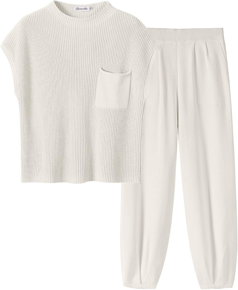 Caracilia Womens Two Piece Outfits Knit Sweater Sets Matching Lounge Set Sweatsuit Tracksuit Summ... | Amazon (US)