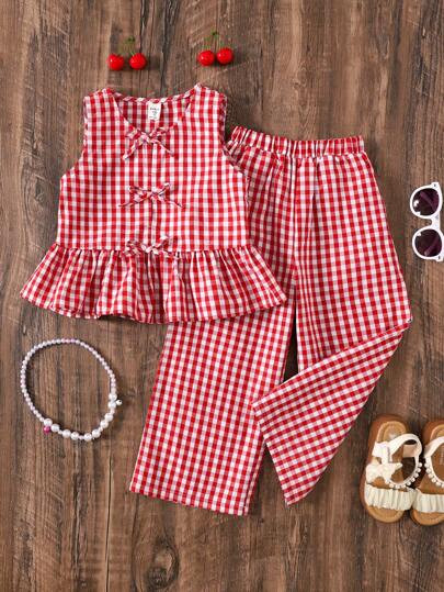 Emery Rose Kids Emery Rose Kids 2Pcs/Set Young Girl Woven Plaid Crew Neck Fitted Casual Top & Loo... | SHEIN