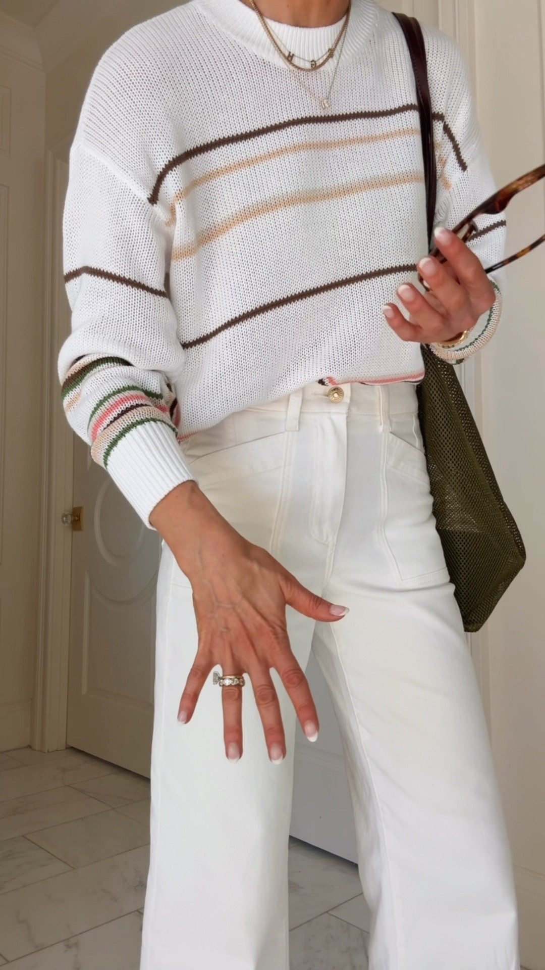 Casual spring denim outfit - I'm wearing  size small in the sweater and jeans fit tts