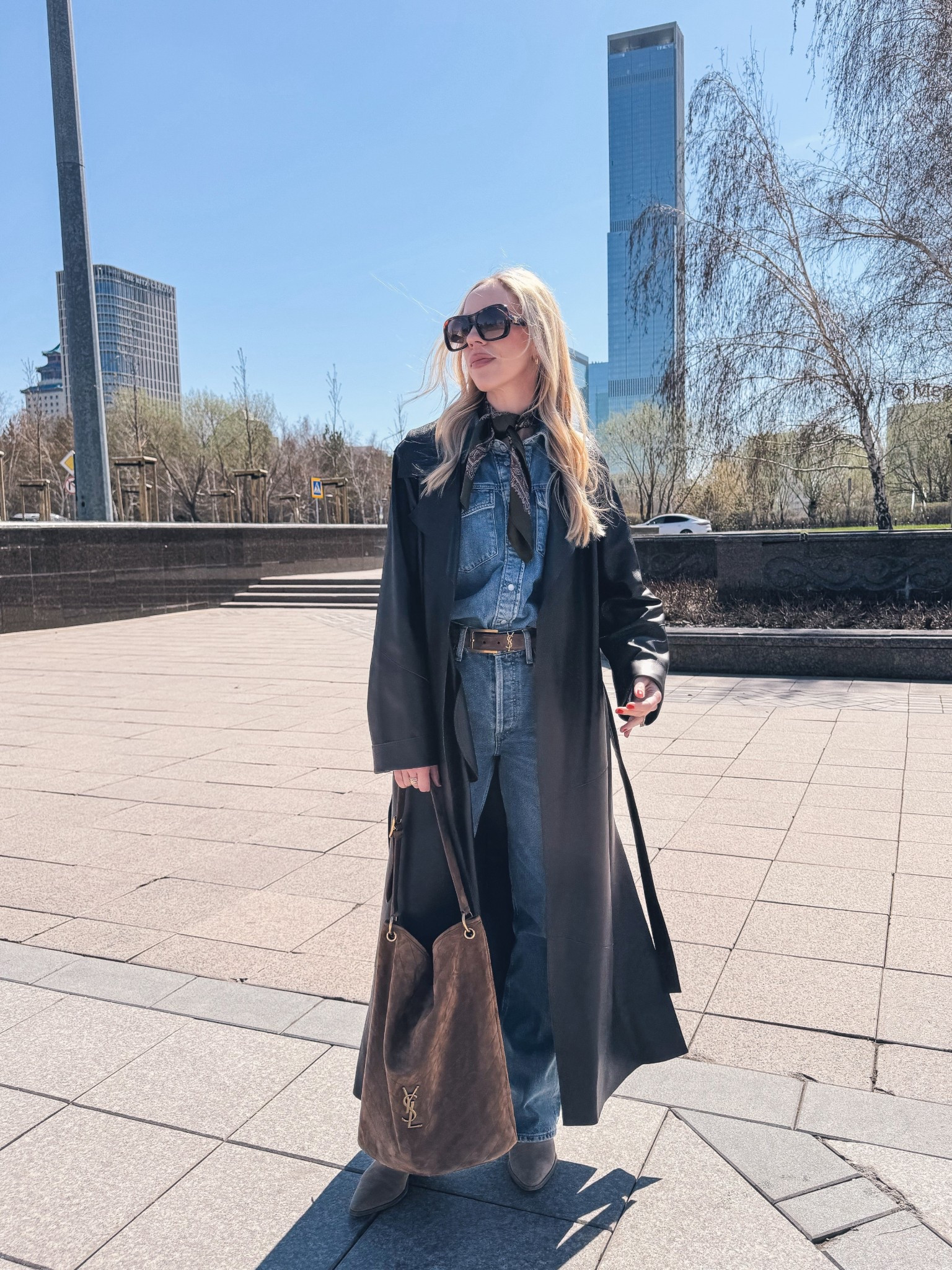 Spring outfit 2026, dark brown leather trench coat, denim on denim, all denim outfit, bootcut jeans, YSL suede bucket bag

#LTKSeasonal #LTKOver40 #LTKSaleAlert