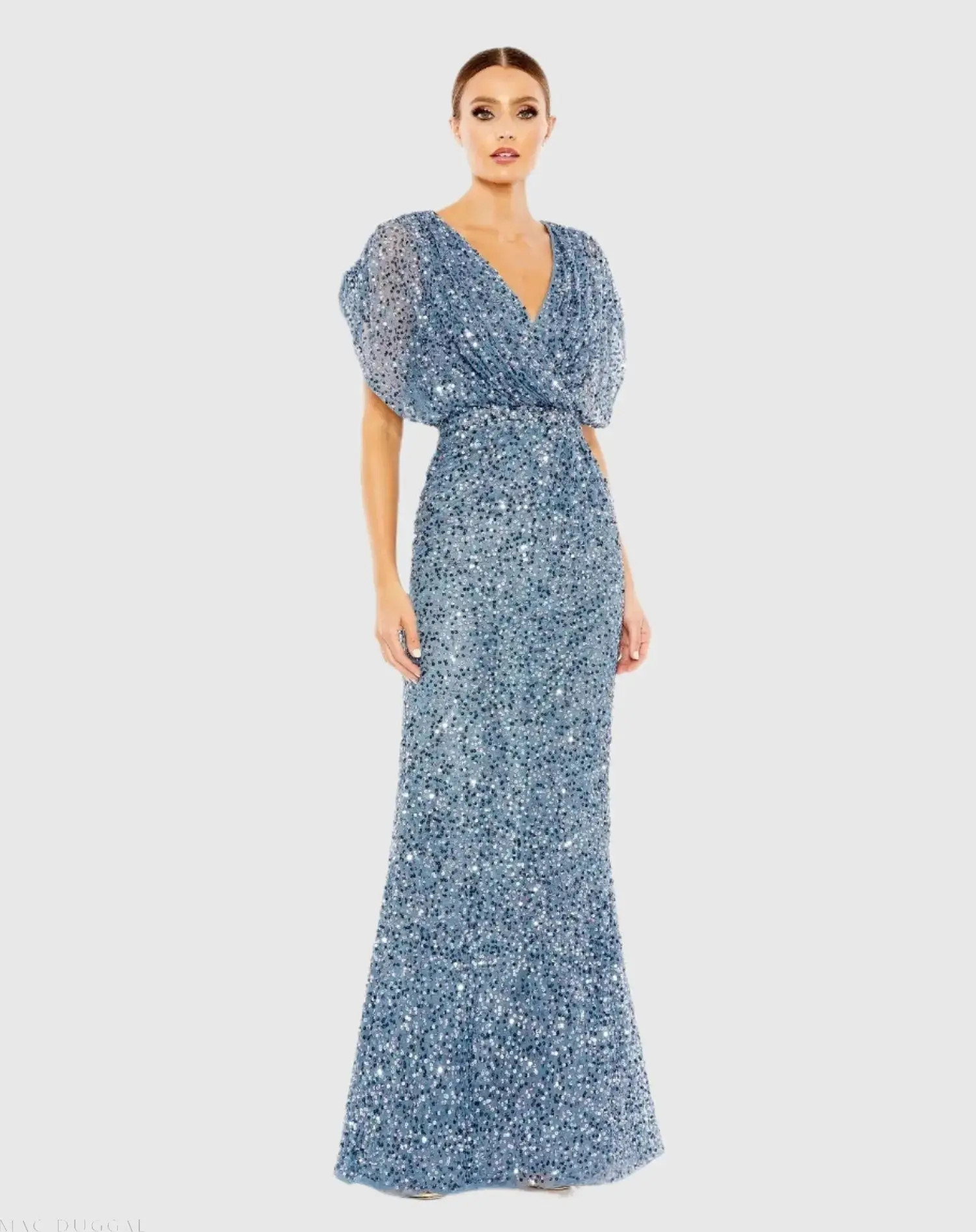 Blue Sequin Draped Sleeve V-Neck Gown | Mac Duggal | Mac Duggal