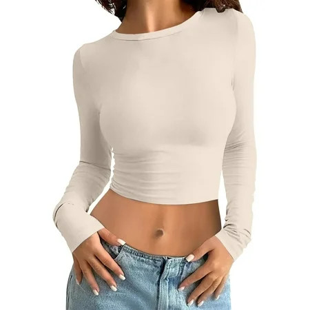 IEUIBX Womens Thermal Tops Large Women s Long Sleeve Slim Fit Crew Neck Long Sleeve T Shirt Tops Tops Plain Basic Crop Top Casual Clothes Streetwear Clean Girl Clothes Beige XL | Walmart (US)