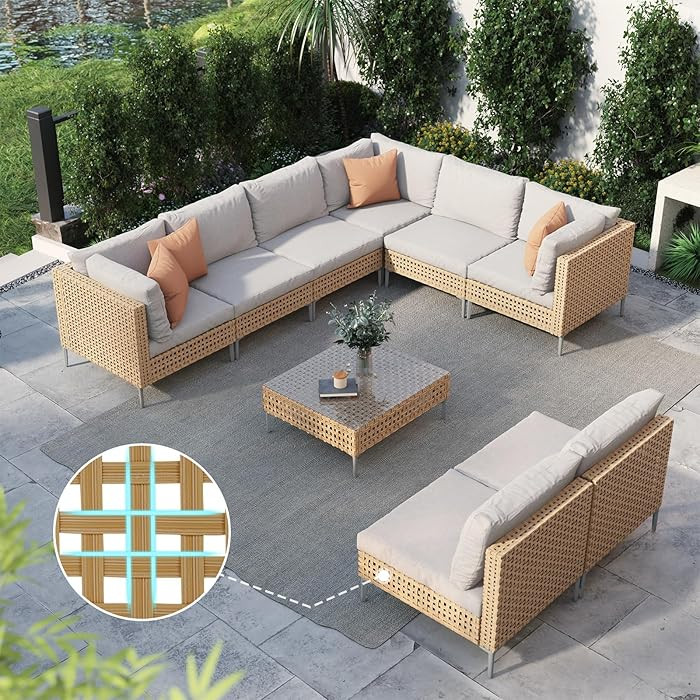 Grand patio 9-Piece Wicker Patio Furniture Set, Boho Outdoor Conversation Set Sectional Sofa with... | Amazon (US)