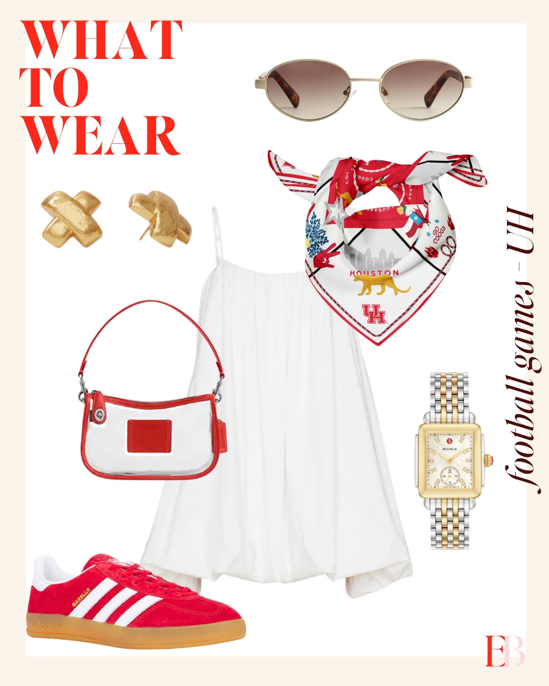 A white bubble dress and red Gazelles make a strong case for the team, and the Coogs scarf closes the argument. The clear bag makes it stadium-approved and still cute. I couldn't link the exact scarf so found another cute one on Etsy! #houston #college #gameday #football #fall #fallfootball 

 