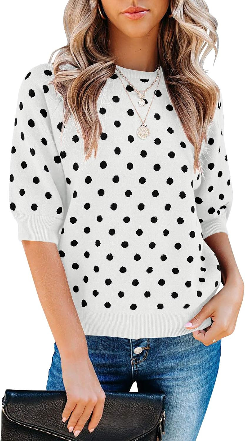Huiyuzhi Womens Polka Dots Half Sleeve Pullover Sweater 3/4 Lantern Sleeve Round Neck Fall Knit T... | Amazon (US)