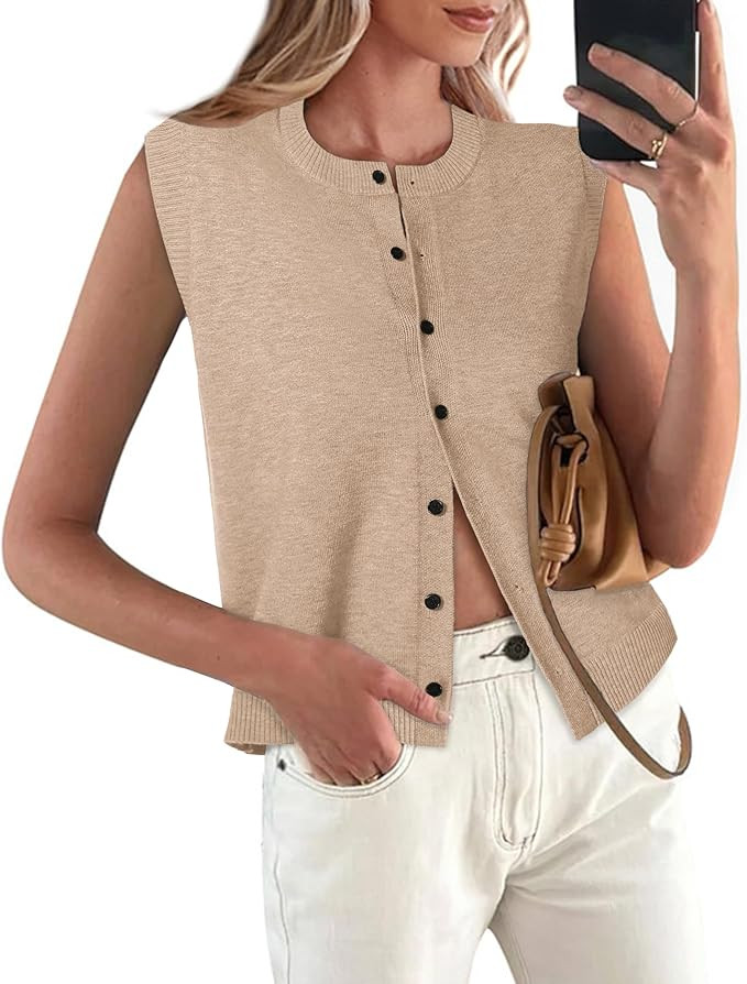 Womens Sweater Vest Summer Crewneck Button Down Tank Tops 2025 Trendy Sleeveless Knit Cardigan Cr... | Amazon (US)