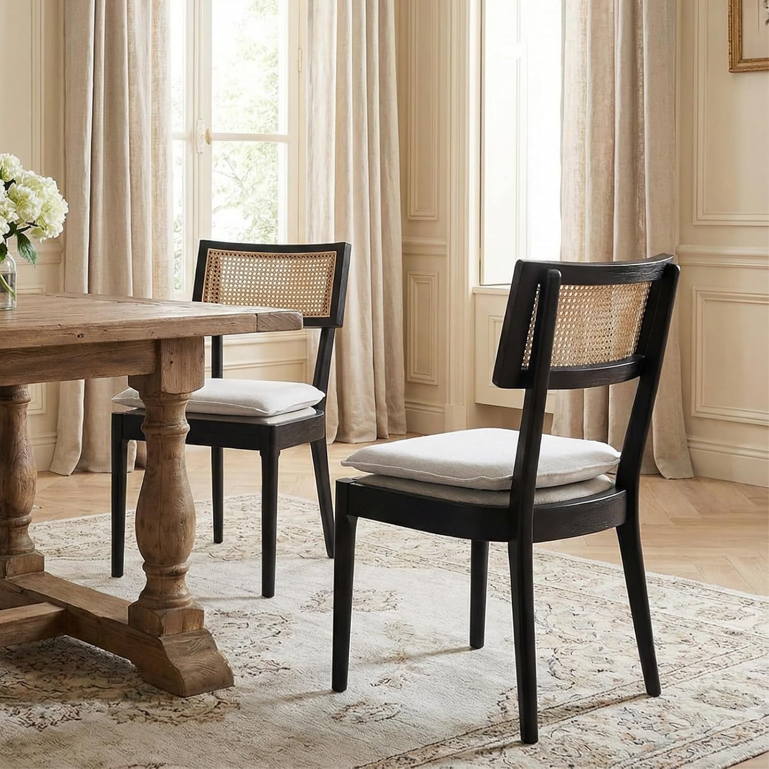 Rattan Dining Chairs Set of 2, Linen Upholstered Kitchen Chairs | Amazon (US)