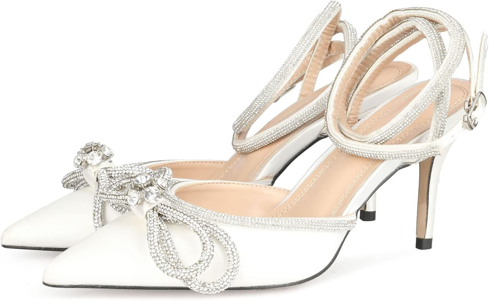 ARQA Women's Rhinestone Ankle Strap Pumps Satin Pointy Stilettos Backless Kitten Heels Wedding Dress | Amazon (US)
