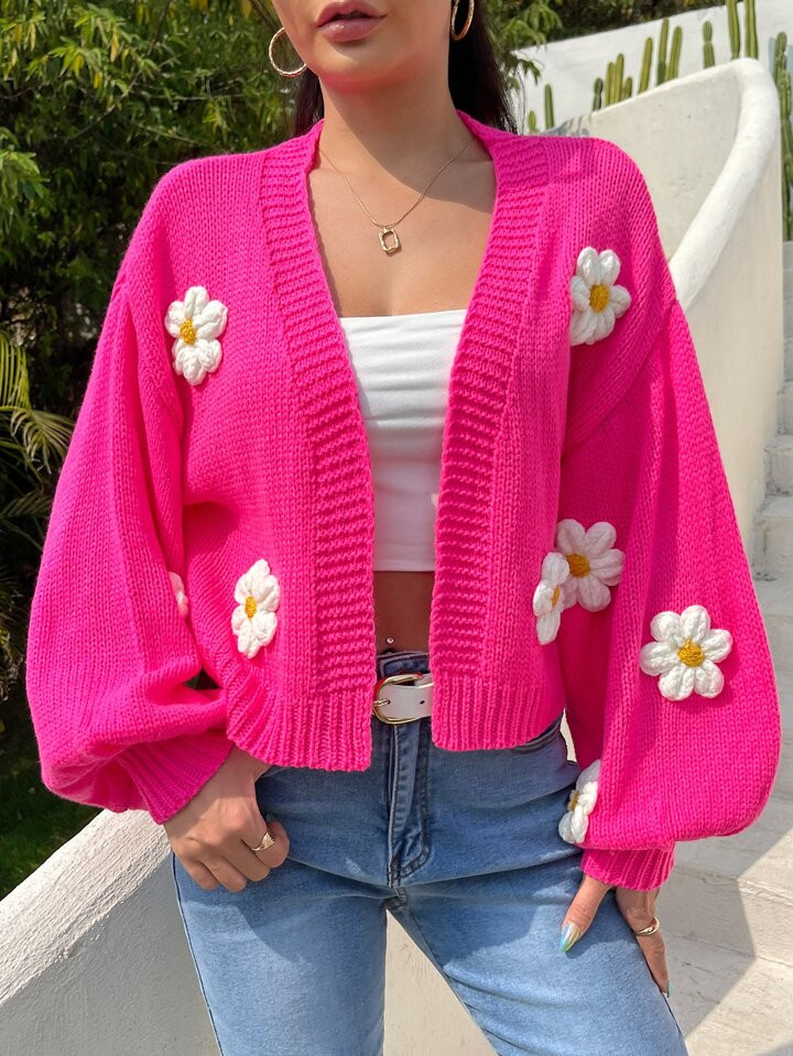 SHEIN Qutie Floral Applique Bishop Sleeve Cardigan | SHEIN