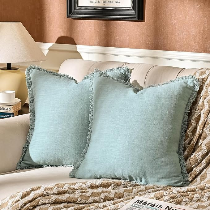 AmHoo Pack of 2 Linen Pillow Covers with Tassels Fringed Decorative Rustic Natural Throw Pillowca... | Amazon (US)