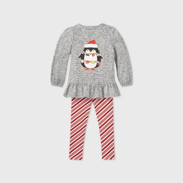 Toddler Girls' Holiday Penguin Long Sleeve Top & Leggings Set - Cat & Jack™ Gray | Target