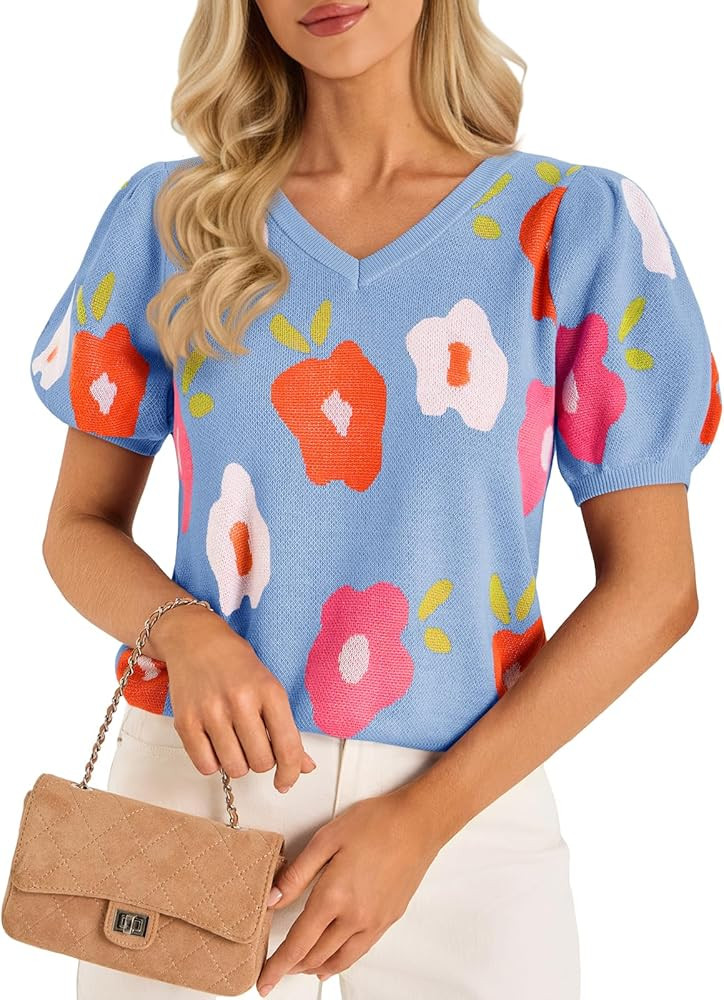 Cicy Bell Womens Puff Short Sleeve Sweater Tops 2026 Spring Summer Floral Pullover V Neck Casual ... | Amazon (US)
