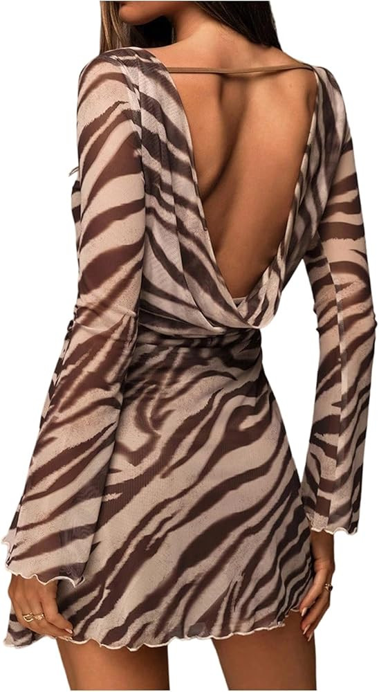 Verdusa Women's Zebra Print Draped Backless Mini Dresses Mesh Cocktail Dress Rave Outfits | Amazon (US)