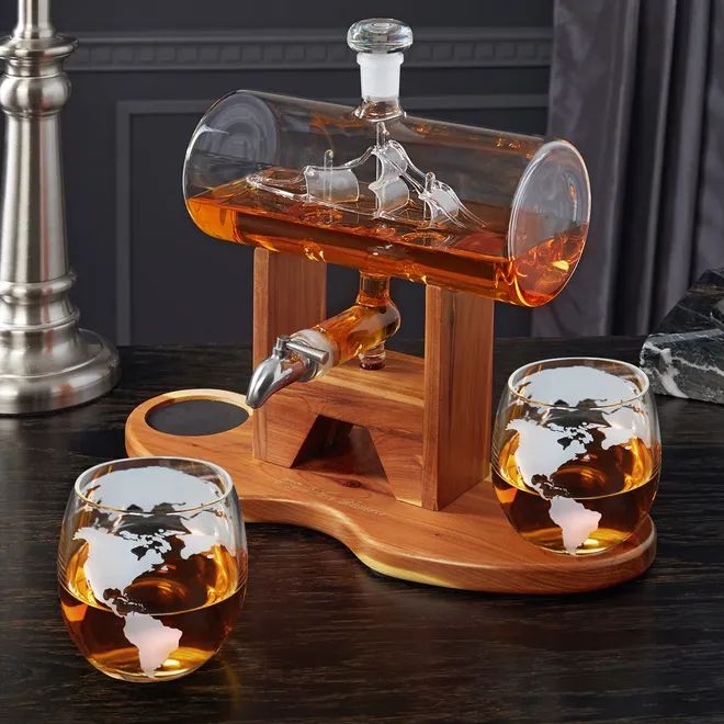 Ship in a Bottle Decanter With Two Globe Whiskey Glasses | HomeWetBar.com