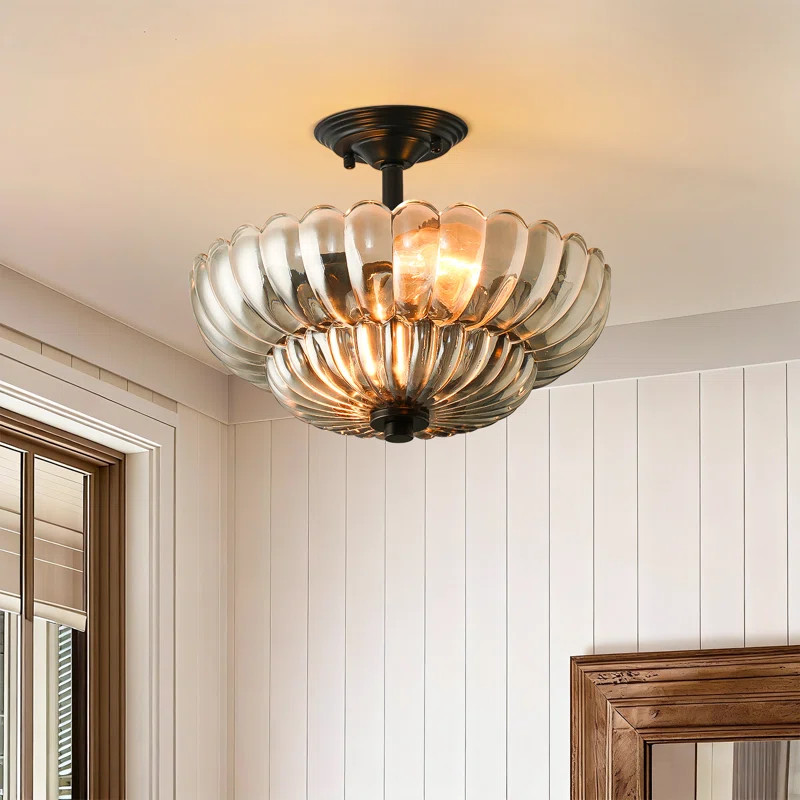 3-Light Smokey Grey Fluted Glass Semi-Flush Mount - 12in,Matte Black | Wayfair North America