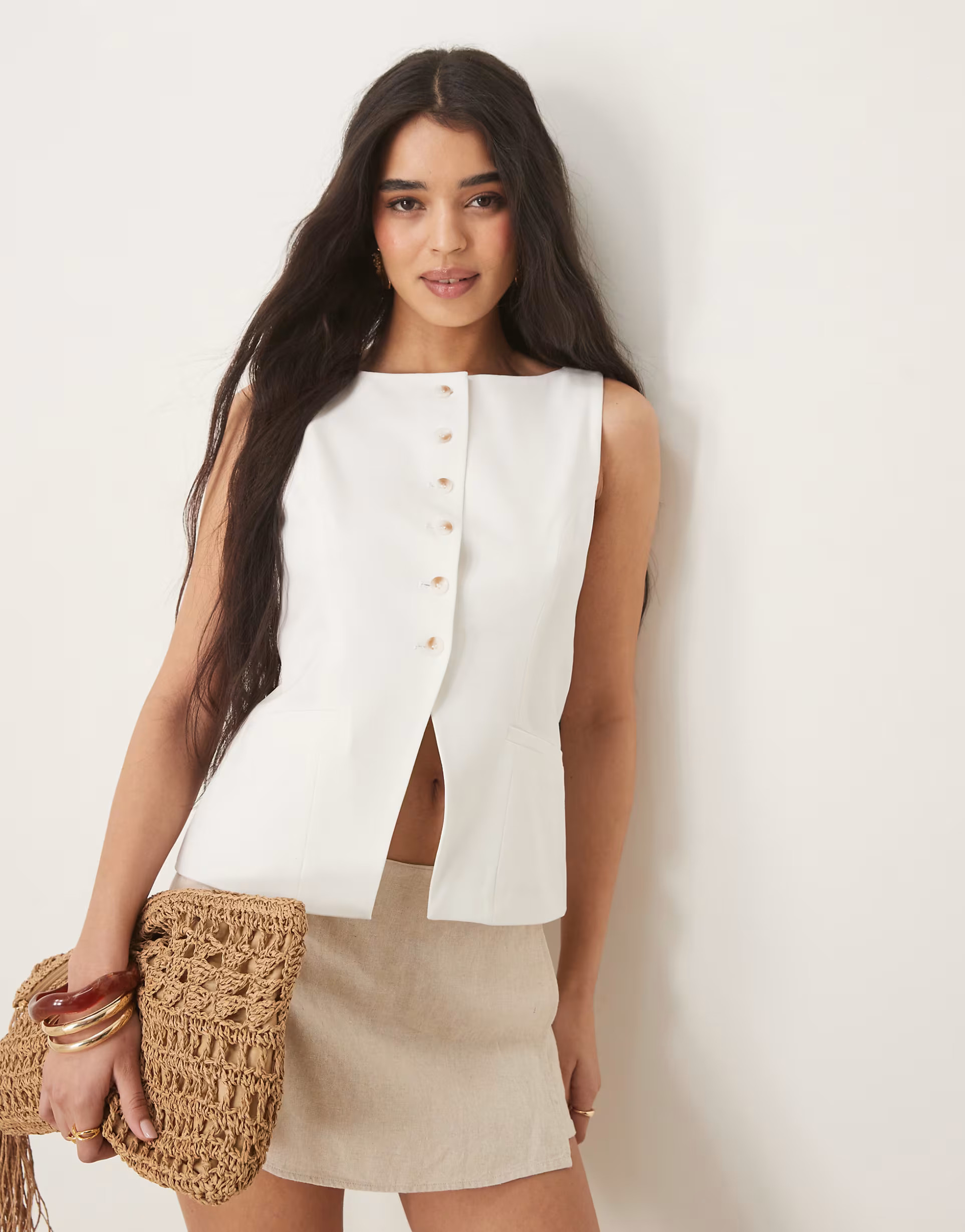 Gina Tricot tailored longline boatneck waistcoat in white | ASOS (Global)