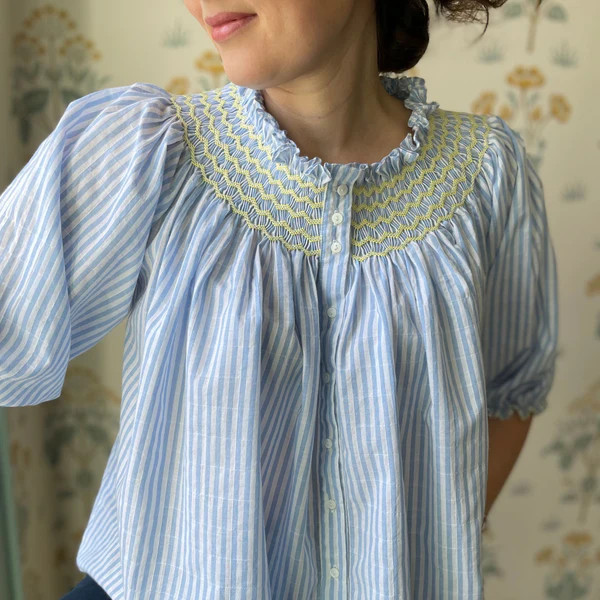 Cleopatra Women's Blouse Blue Stripe Grid with Lemon Hand Smocking Edition 3 | Smock London