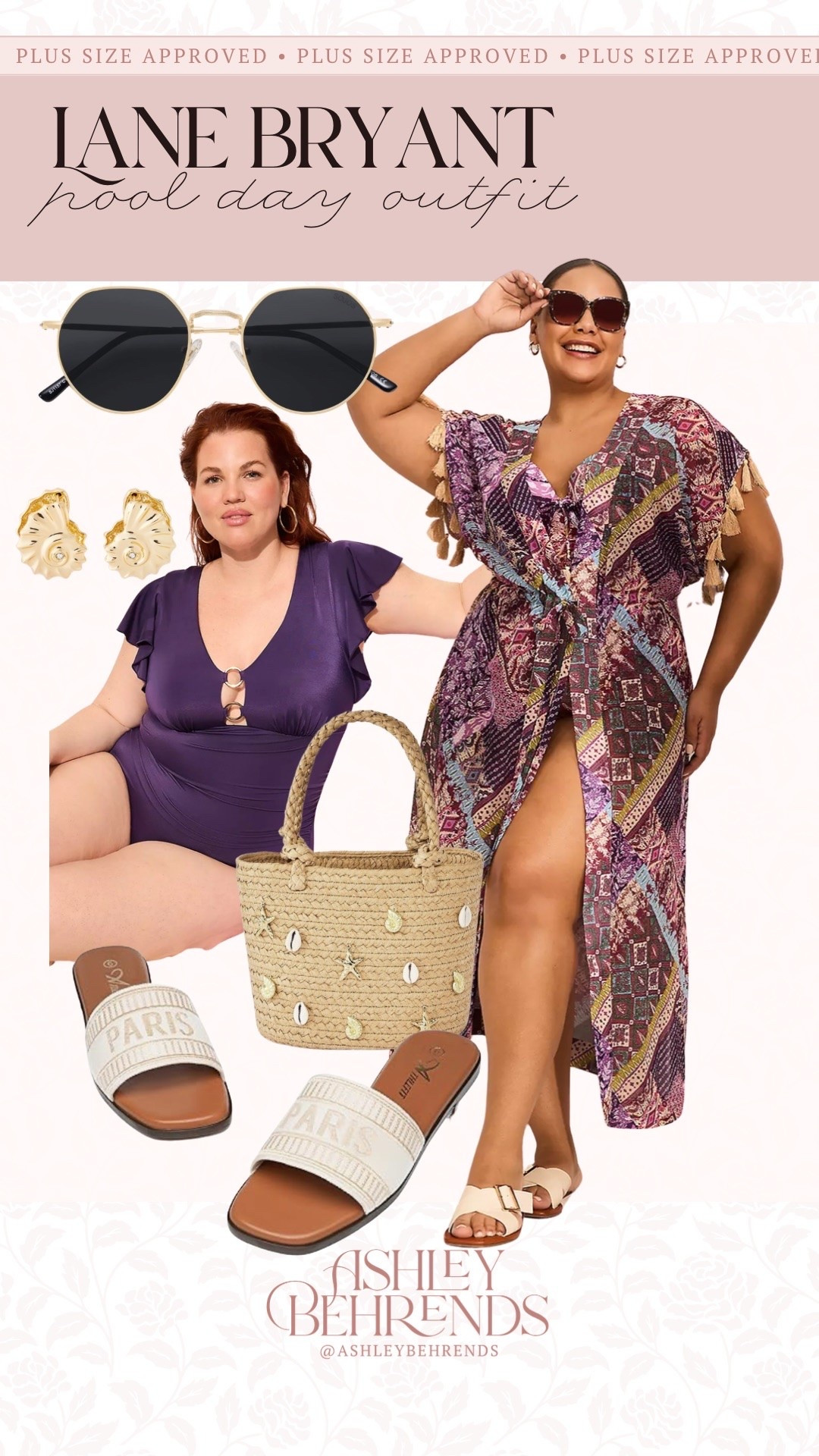 The deep purple color 🍆 of this Lane Bryant bathing suit is everything right now. The details make this one piece anything but basic and grumpy and pairing it with this stunning coverup takes your pool day outfit to the next level. Keeping the accessories neutral since the print on the coverup is the main attraction. 
Plus size swimsuit

#LTKSwim #LTKPlusSize #LTKSaleAlert