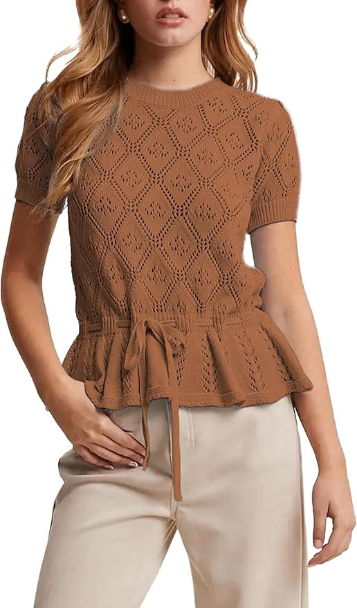 Women's Peplum Top Puff Sleeves Adjustable Tie-Waist Blouse Diamond Pointelle Shirts | Amazon (US)