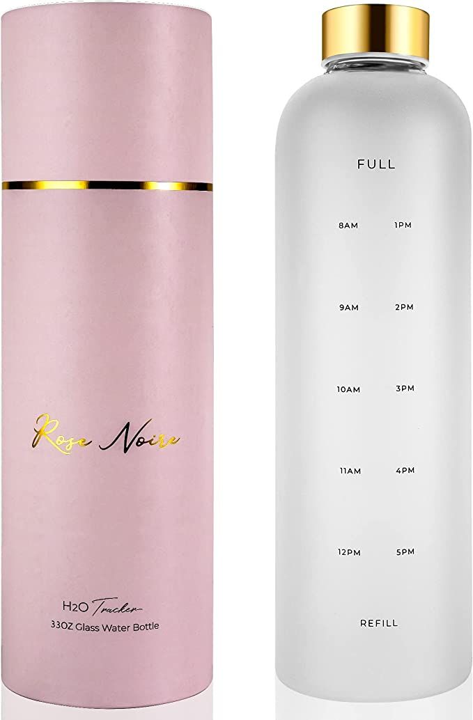 Rose Noire Glass Water Bottles With Times to Drink - FROSTED 32 oz, Reusable, Cute Aesthetic, Eco... | Amazon (US)