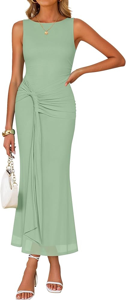 ZESICA Women's Summer Sleeveless Bodycon Dress 2026 Crewneck Ruched Sexy Mesh Wedding Guest Cockt... | Amazon (US)
