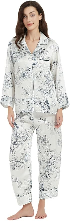 Ginell Tranquility Series Women's Silk Pajamas Set 100% Mulberry Silk Solid Colors Button Front 2... | Amazon (US)