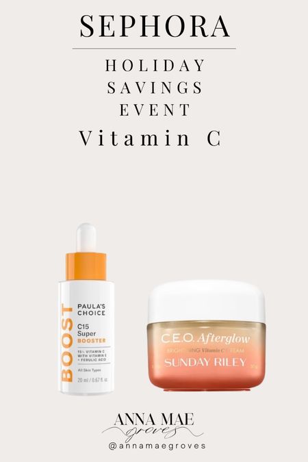 Paula’s Choice Vitamin c ascorbic acid serum that can be mixed or layered, or Sunday Riley Afterglow, Vitamin c moisturizer with THD Ascorbate which is less irritating. #sephoraholidaysavings