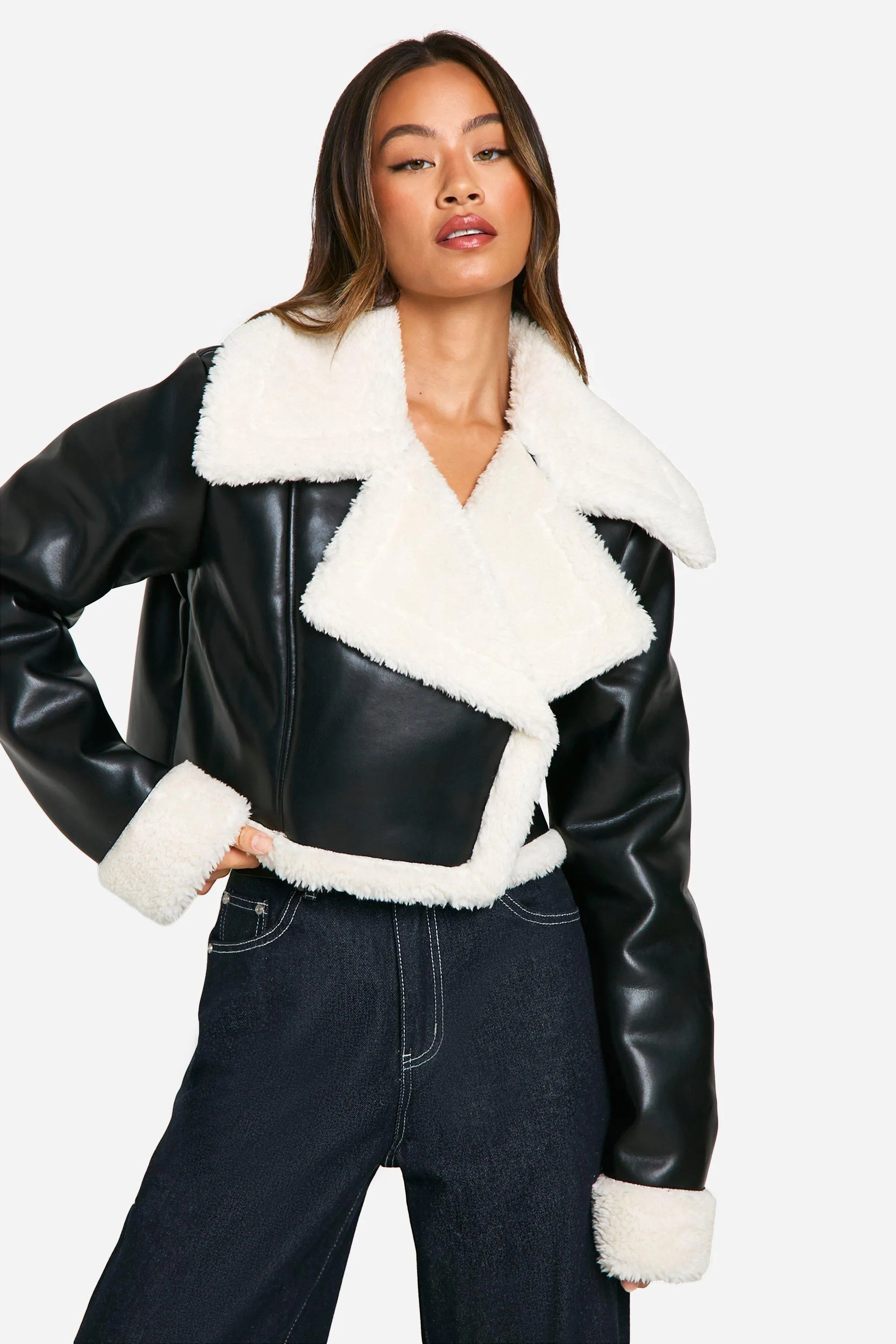 Tall Faux Fur Lined Cropped Leather Jacket | boohoo (US & Canada)