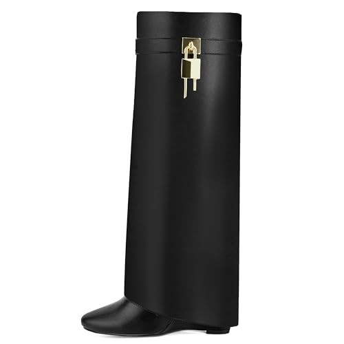 HYYH CFPL Fold Over Knee High Boots for Women Pointy Pull-on Wedge Heel Knee Shark Boot With Side Zipper Covered Wedge Heel Padlock Boot (Black 10.5) | Amazon (US)