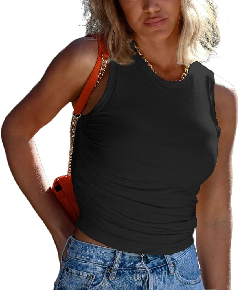 BONITEE Womens Sleeveless Shirts Ribbed Fitted Summer Casual Ruched Side Round Neck Crop Tank Top... | Amazon (US)