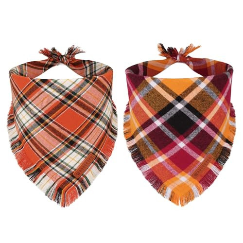 ADOGGYGO Fall Dog Bandana with Tassels Edges, Stylish Orange Plaid Pet Scarf, Multiple Size, Thanksgiving Halloween Fall Bandanas for Small Dogs (Small) | Amazon (US)