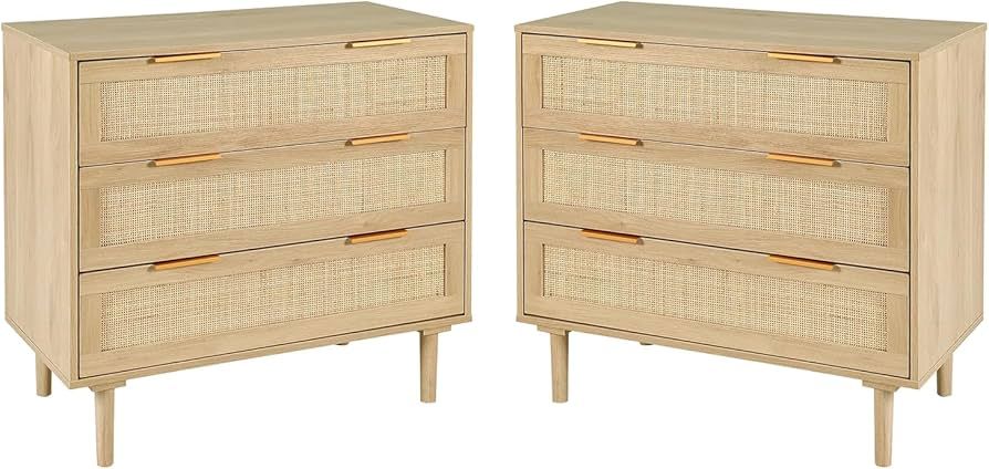 HOPUBUY 3 Drawer Dresser Set of 2 for Bedroom, Oak Rattan Dresser Closet Dressers Chest of Drawer... | Amazon (US)