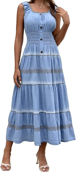 DREFBUFY Women's Maxi Dress Sleeveless Denim Long Summer A-line Casual Blue Cotton Boho Flowy Sun... | Amazon (US)